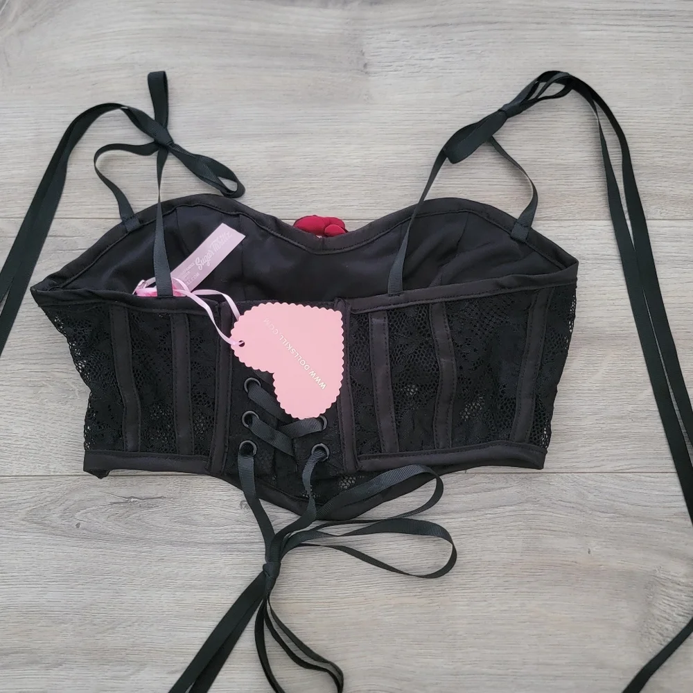 Black Lace Bustier Top with Pink Rose Accent